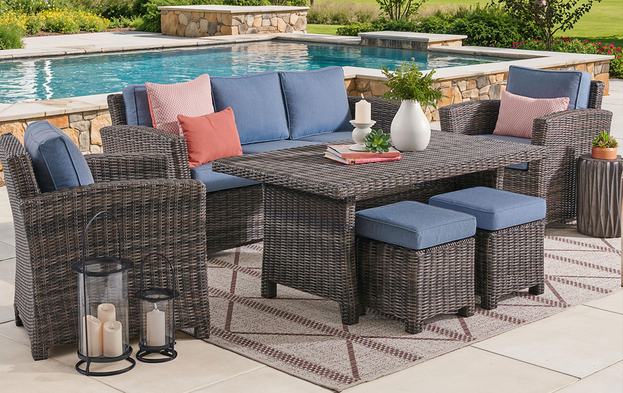 Outdoor seating area with a table, chairs, and cushions by a pool.