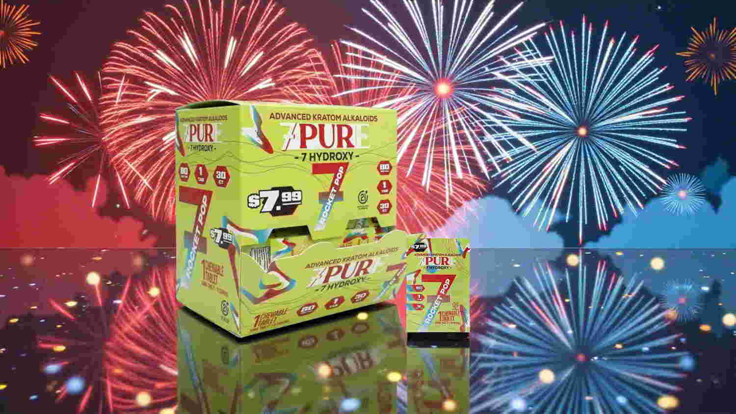 Colorful fireworks background with a box of PUR products in the foreground.