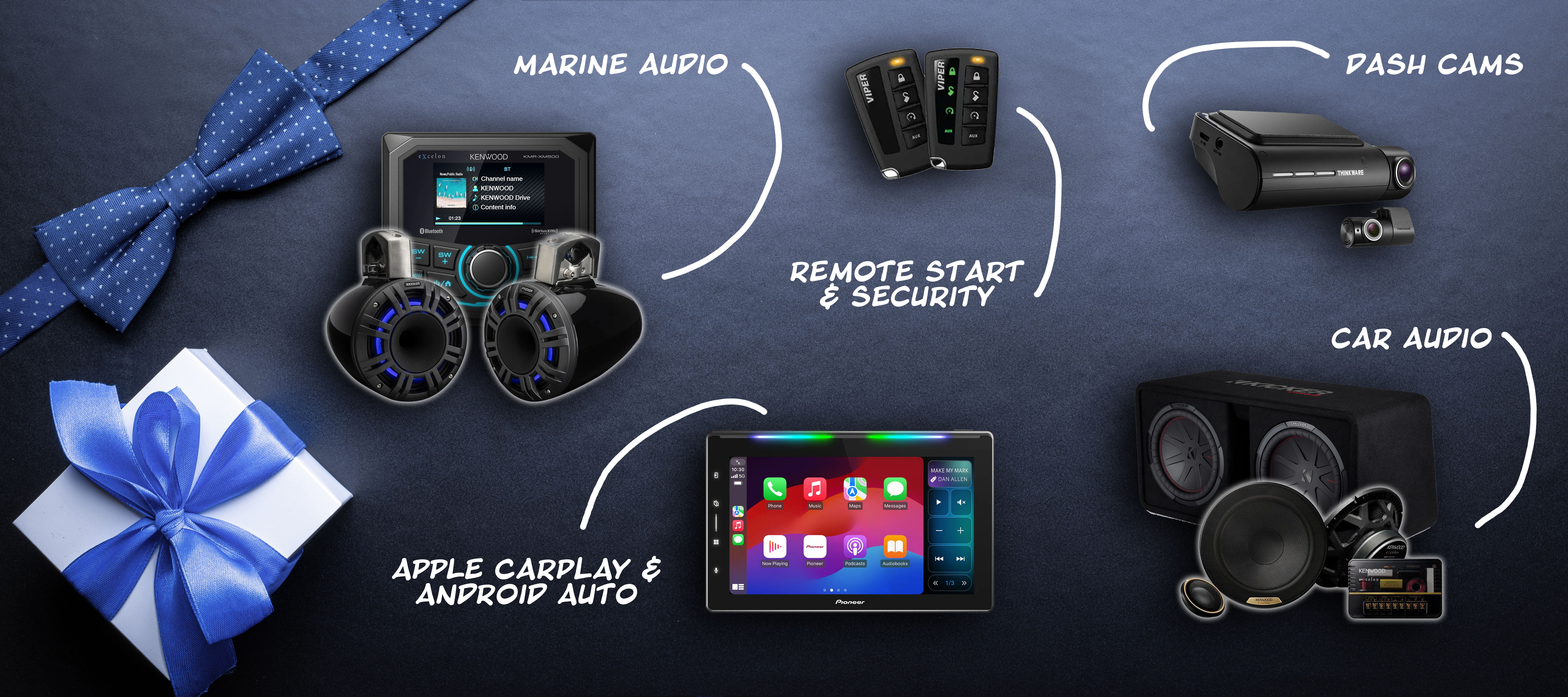 Marine Audio - Remote start - Android Auto and Apple CarPlay - Dash Cam - Car Audio on a blue background with a gift and tie for Father's Day