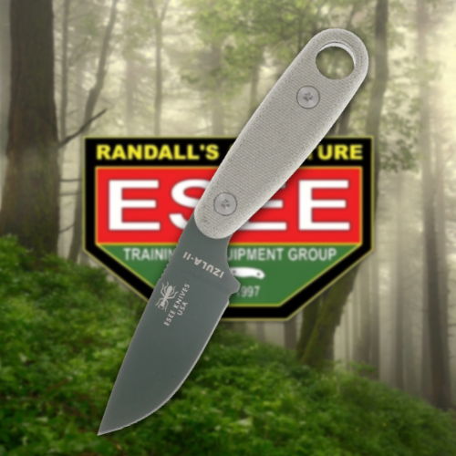 A knife over a forest-themed ESSE logo background.
