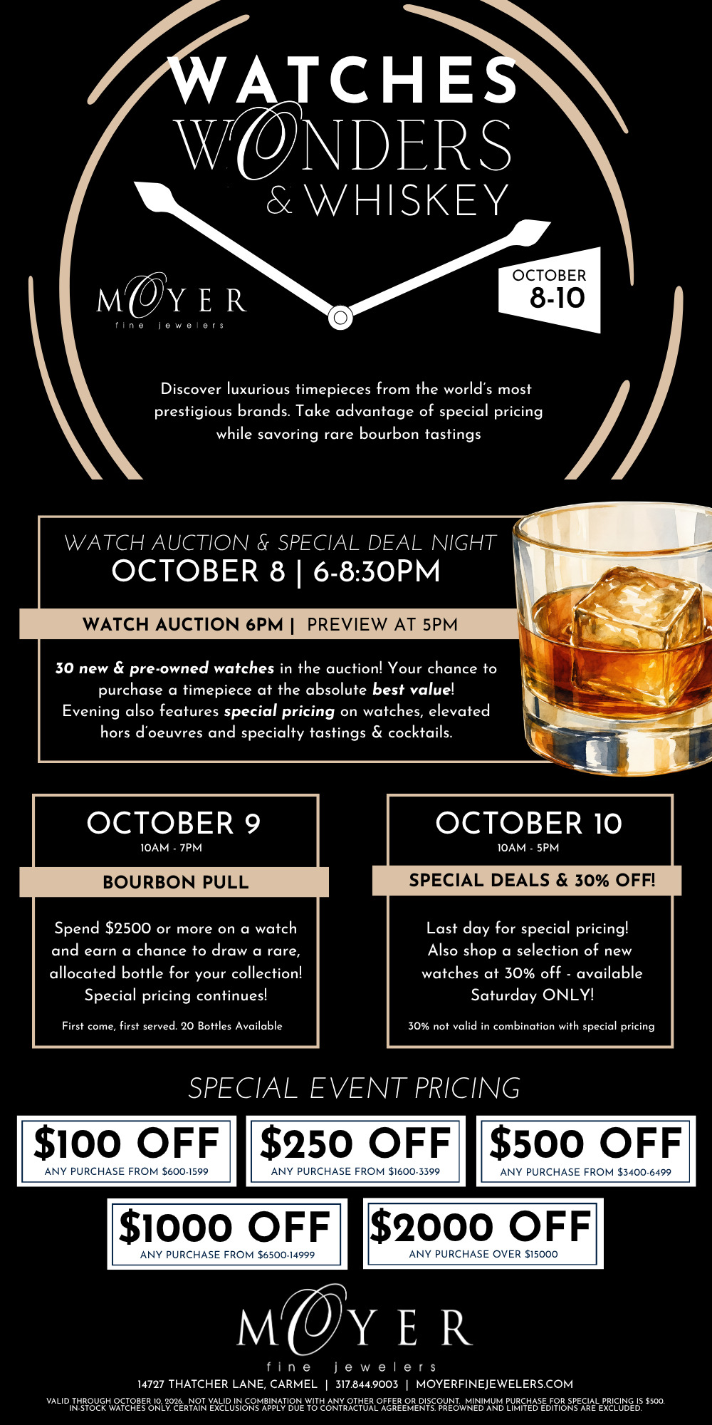 Event flyer for Watches, Wonders, and Whiskey with pricing details.