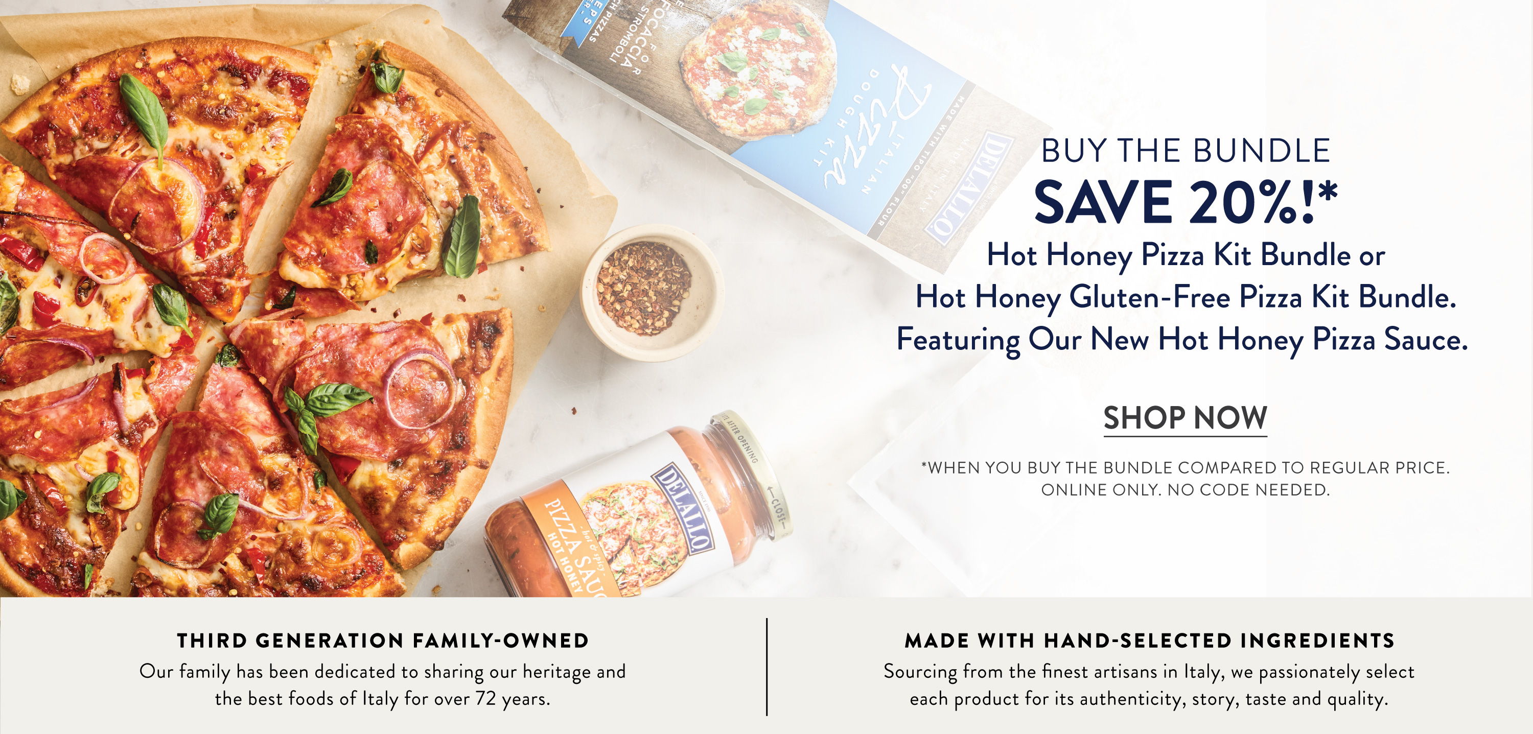 Pizza with toppings and promotional text for a discount offer.