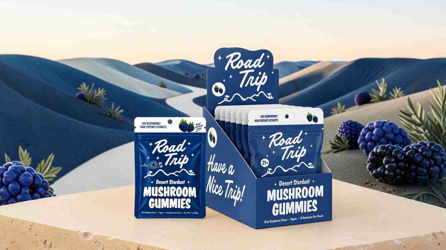 Mushroom gummies packaging displayed on a scenic background with hills and blueberries.