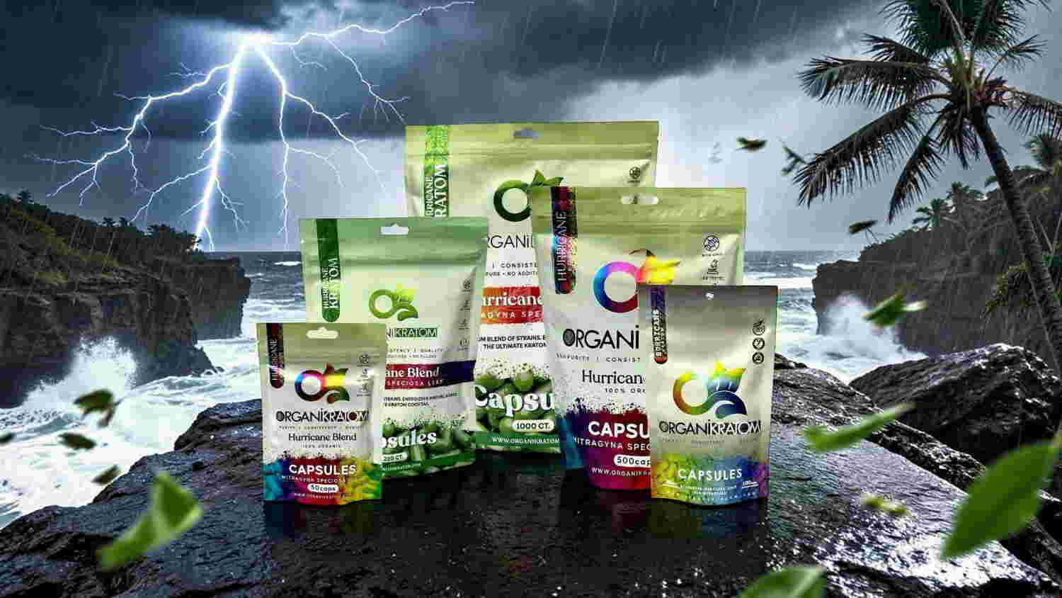 Various health product packages in a stormy outdoor setting.