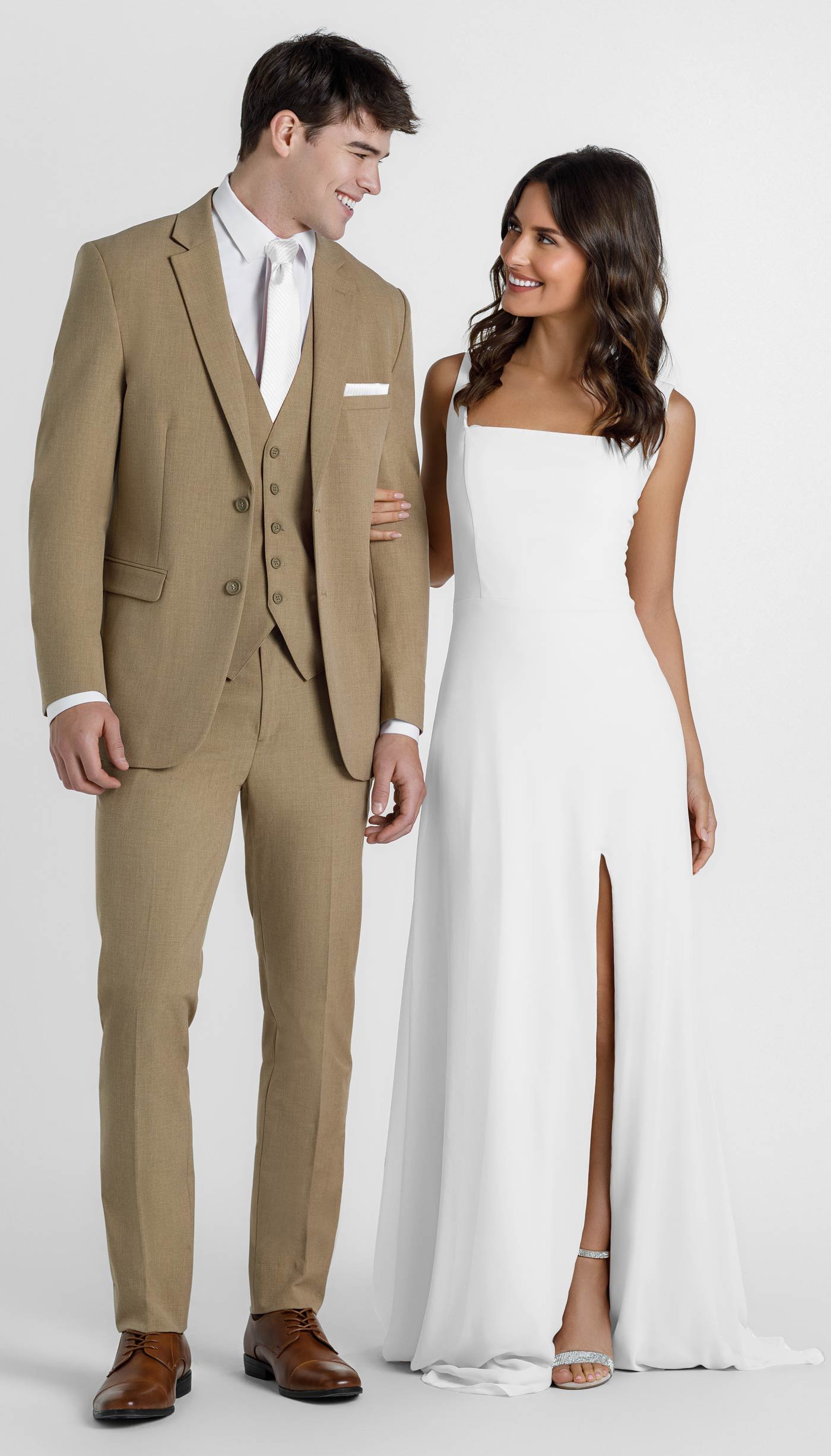 camel suit with white bridesmaid dress 