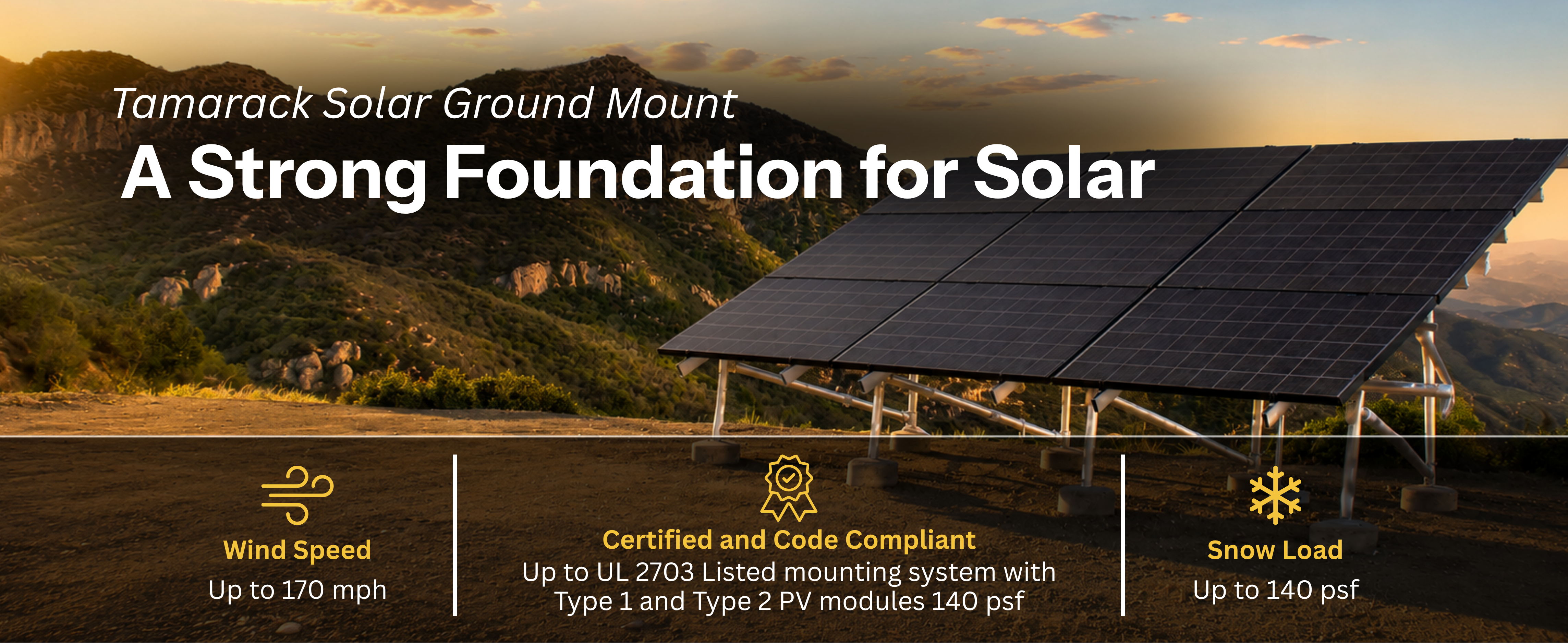 A strong foundation for solar with solar panels and key features listed.