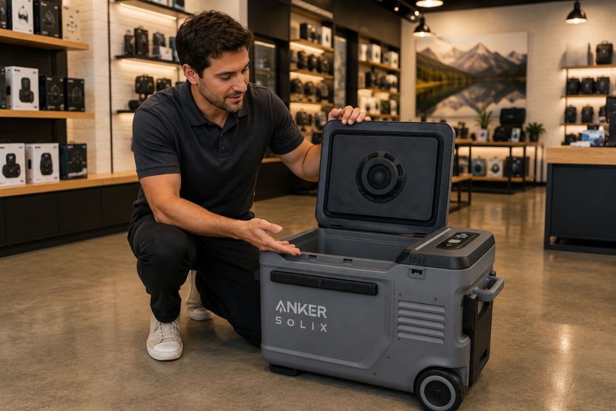 Man kneeling, opening an Anker SOLIX cooler in a retail store.