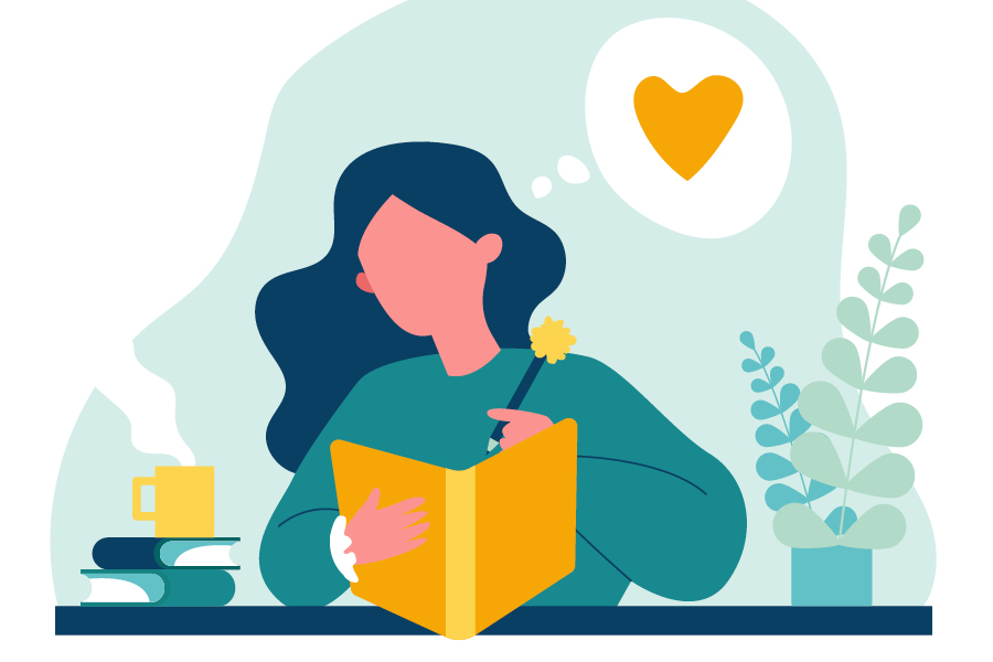 illustration of woman journaling and practicing gratitude