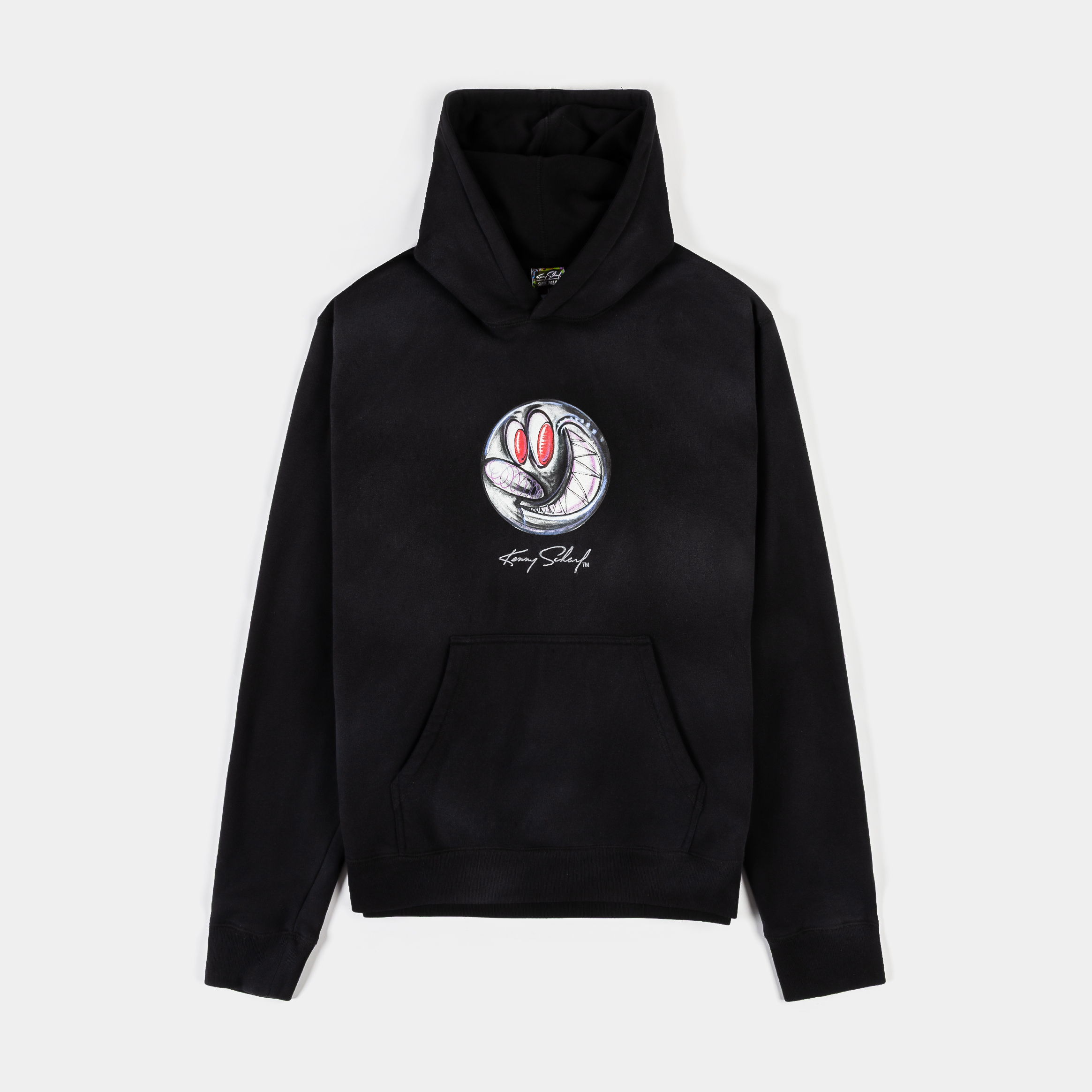 Black hoodie with graphic design on the front.
