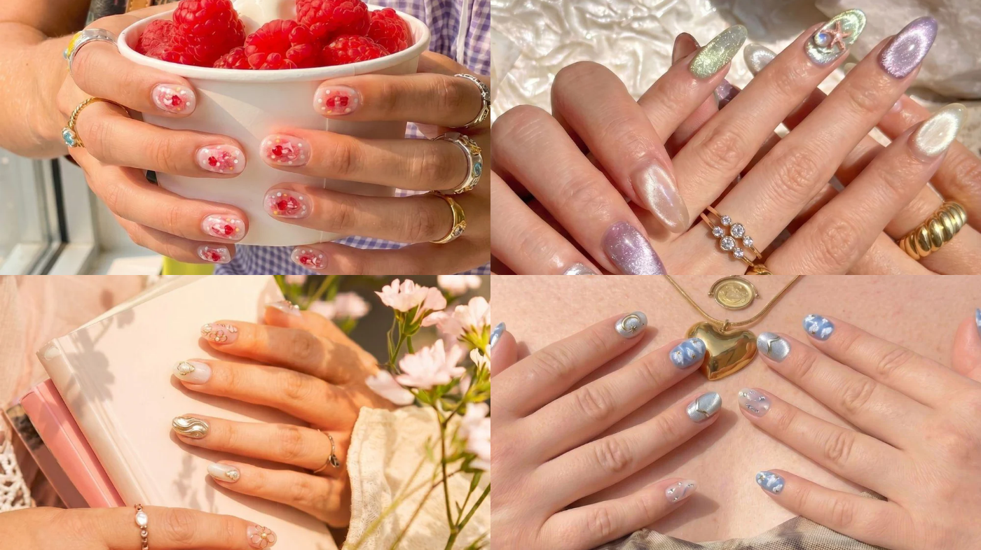 Collage of hands wearing different EyeCandys press-on nails showcasing pastel manicure styles and assorted nail designs