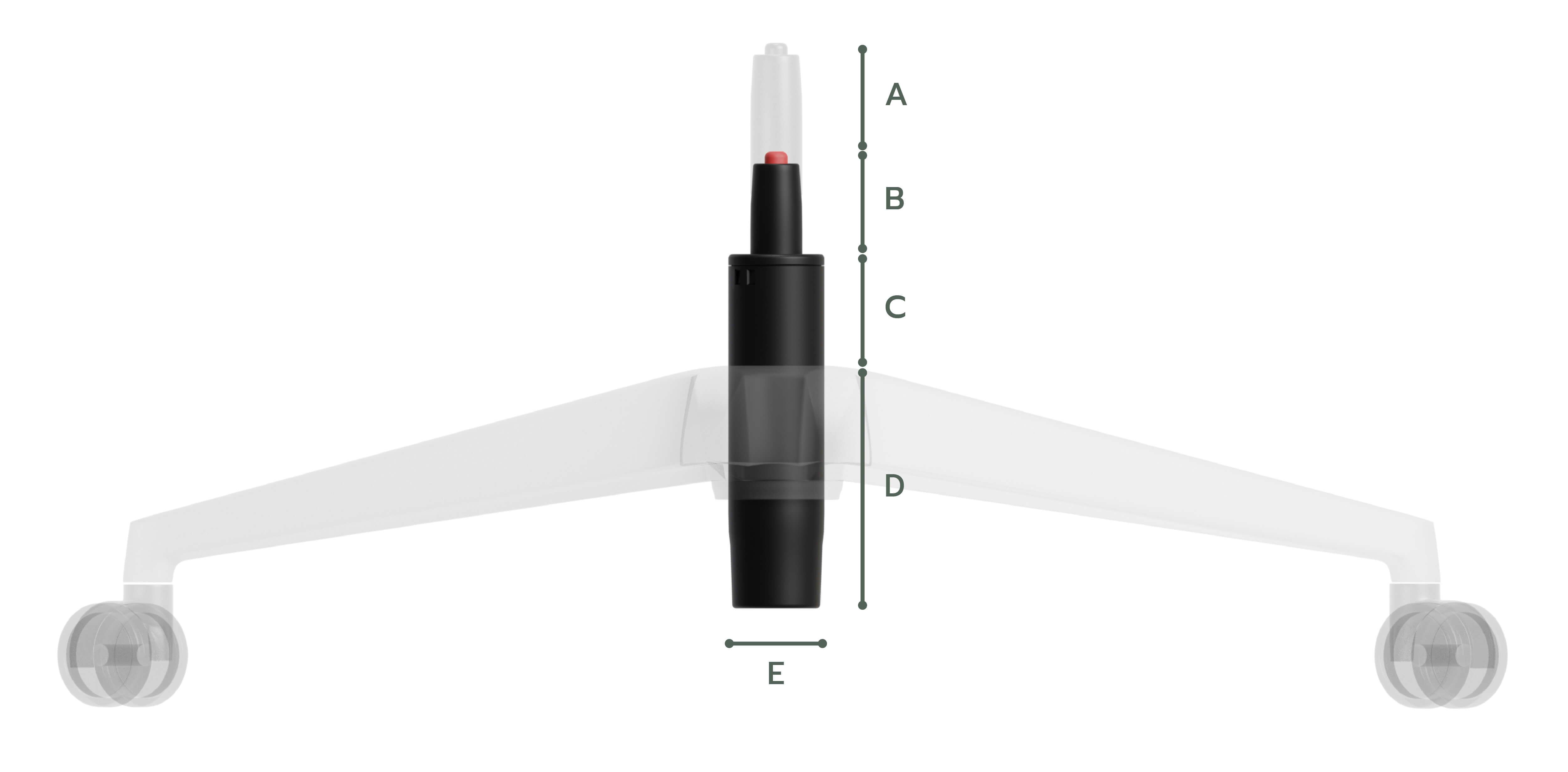 Technical drawing of the ofinto gas spring, with sections labeled A through E indicating the height and width dimensions at the chair base