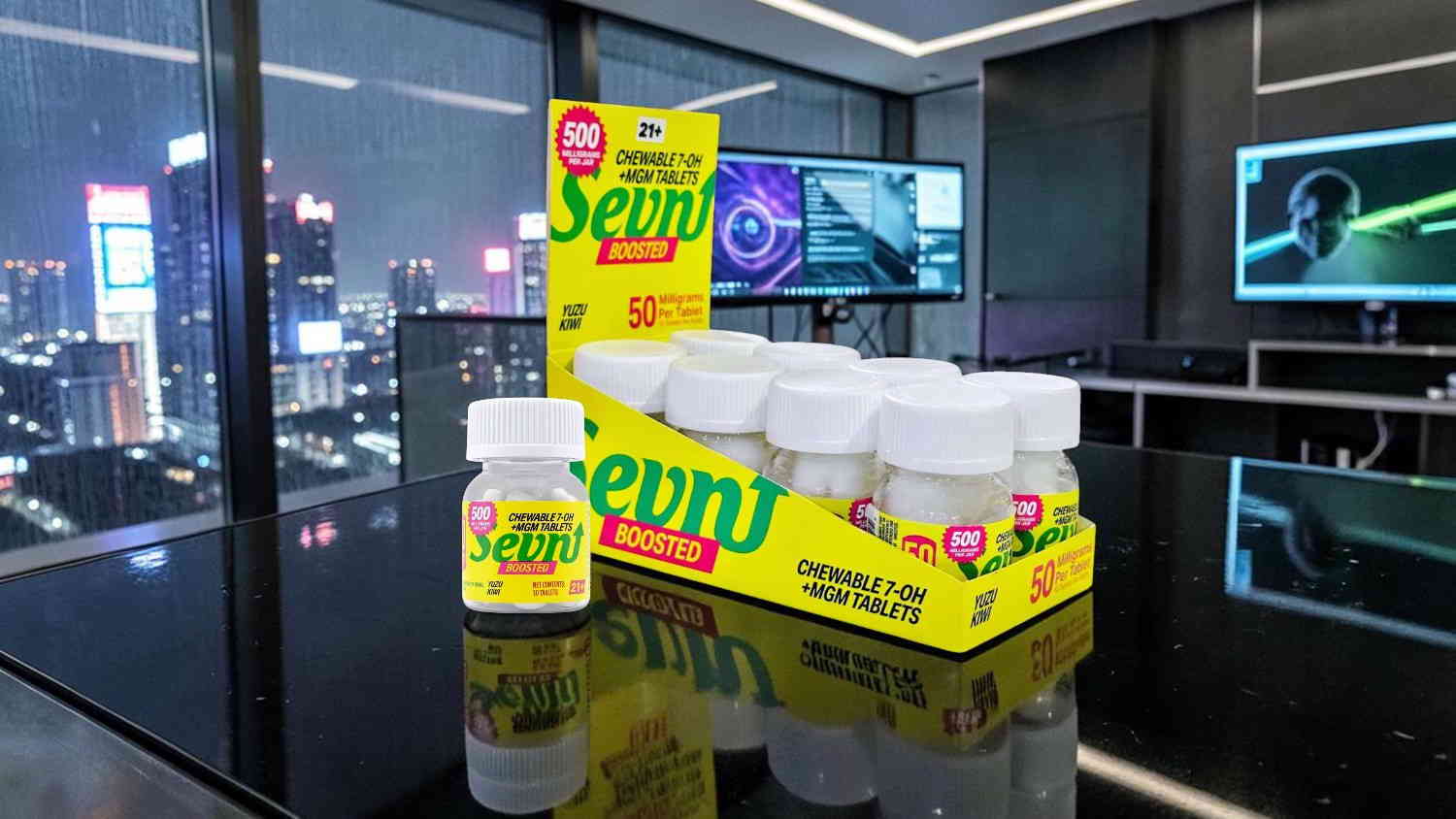 Bottles of a product displayed on a reflective surface with city skyline background.