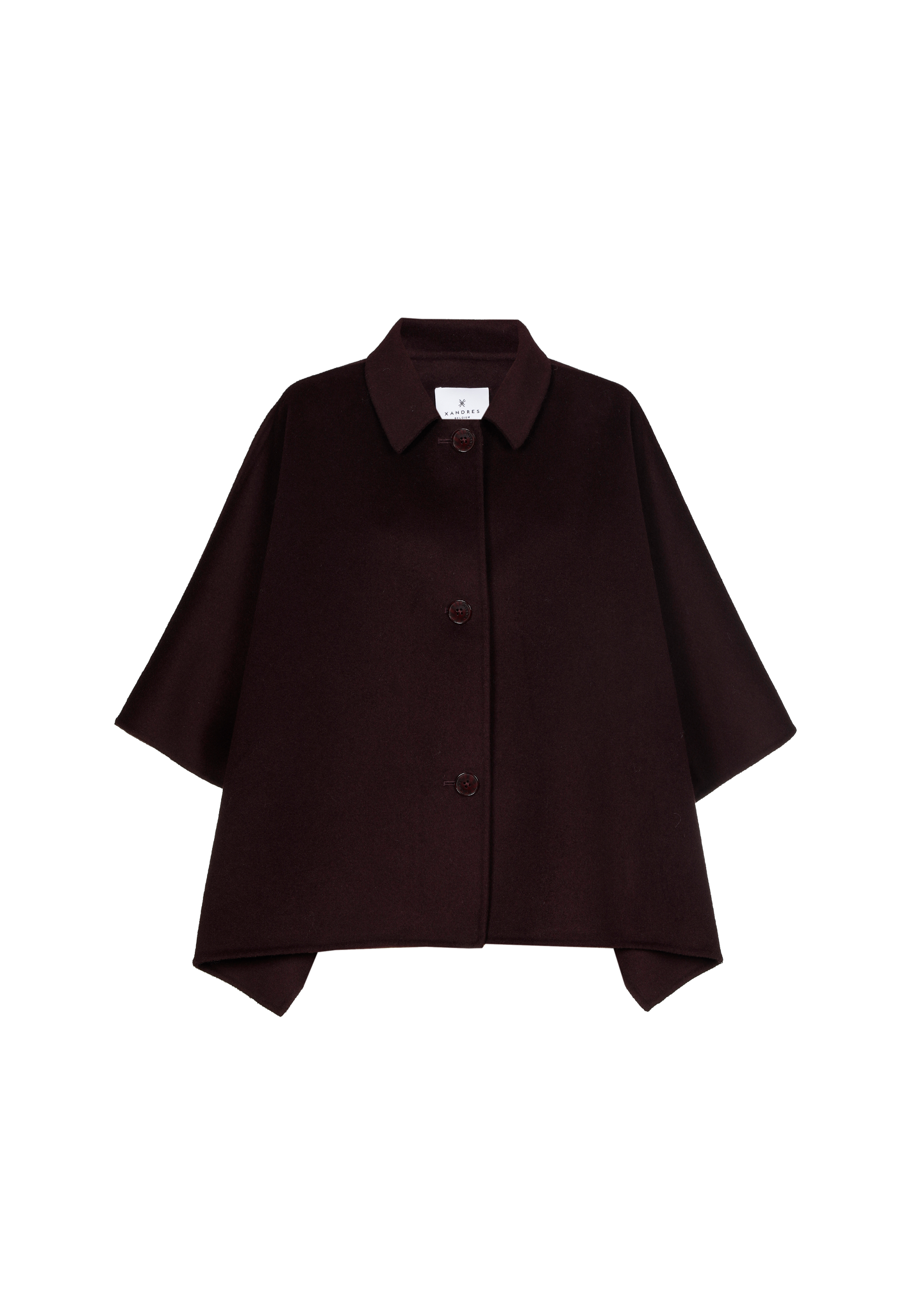 Brown cropped jacket with a collar and front buttons.