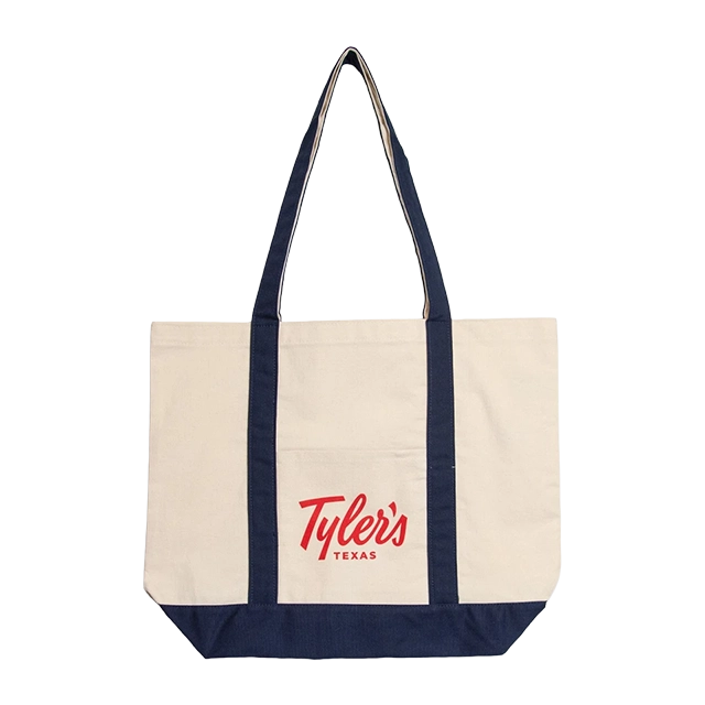 Canvas tote bag with navy straps and 