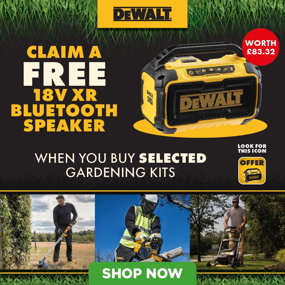Promotional banner for DeWalt gardening kits and free Bluetooth speaker offer.