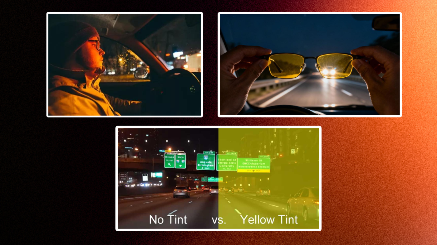 Comparison of road driving view with no tint versus yellow tinted lenses, showing differences in brightness, glare from headlights, contrast, and visibility of road markings during nighttime driving