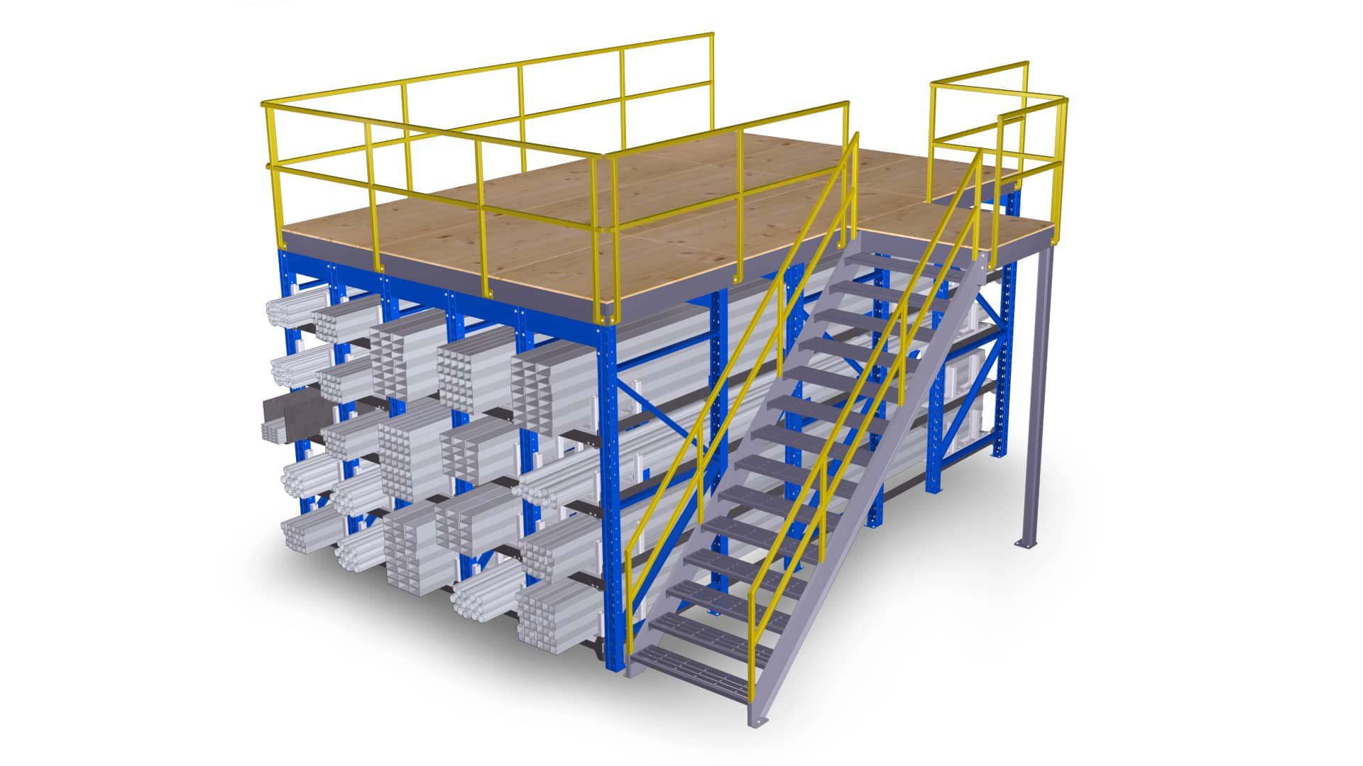 Industrial platform with stairs and safety railings.