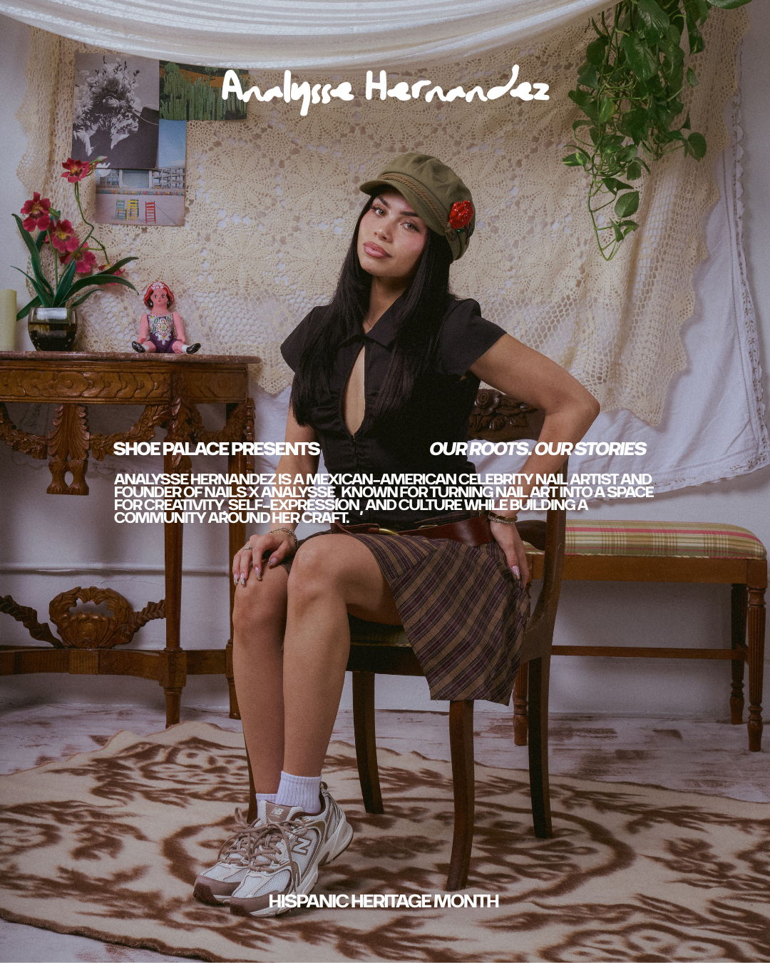 Woman sitting on a chair in a vintage room, wearing a hat and skirt.