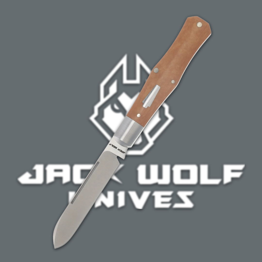 Folding knife with a wooden handle and logo of Jack Wolf Knives.