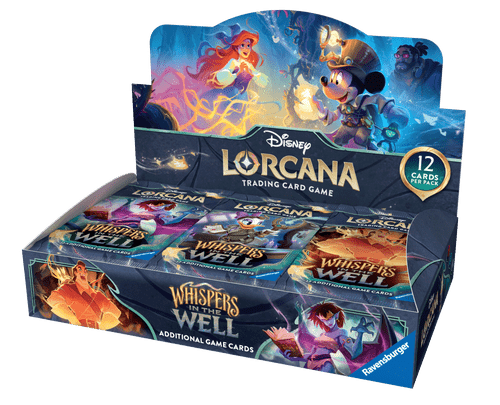 Disney Lorcana trading card game display box with various card packs.