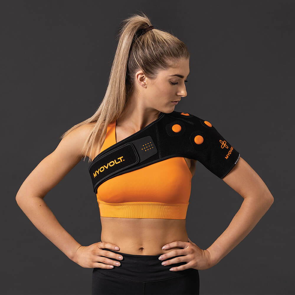 Myovolt vibration therapy shoulder brace for muscle pain relief and treatment of Frozen Shoulder, Swimmer’s Shoulder and sports overuse injury.