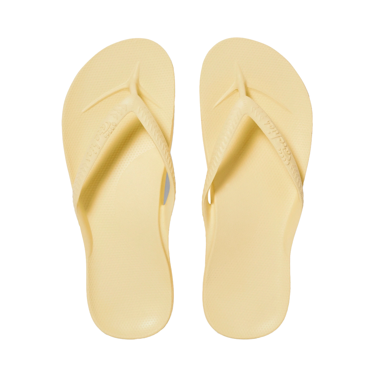 A pair of yellow flip-flops viewed from above.