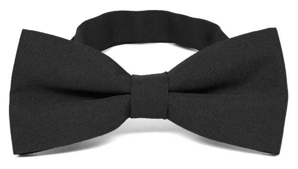 A black matte pre-tied bow tie with a band collar