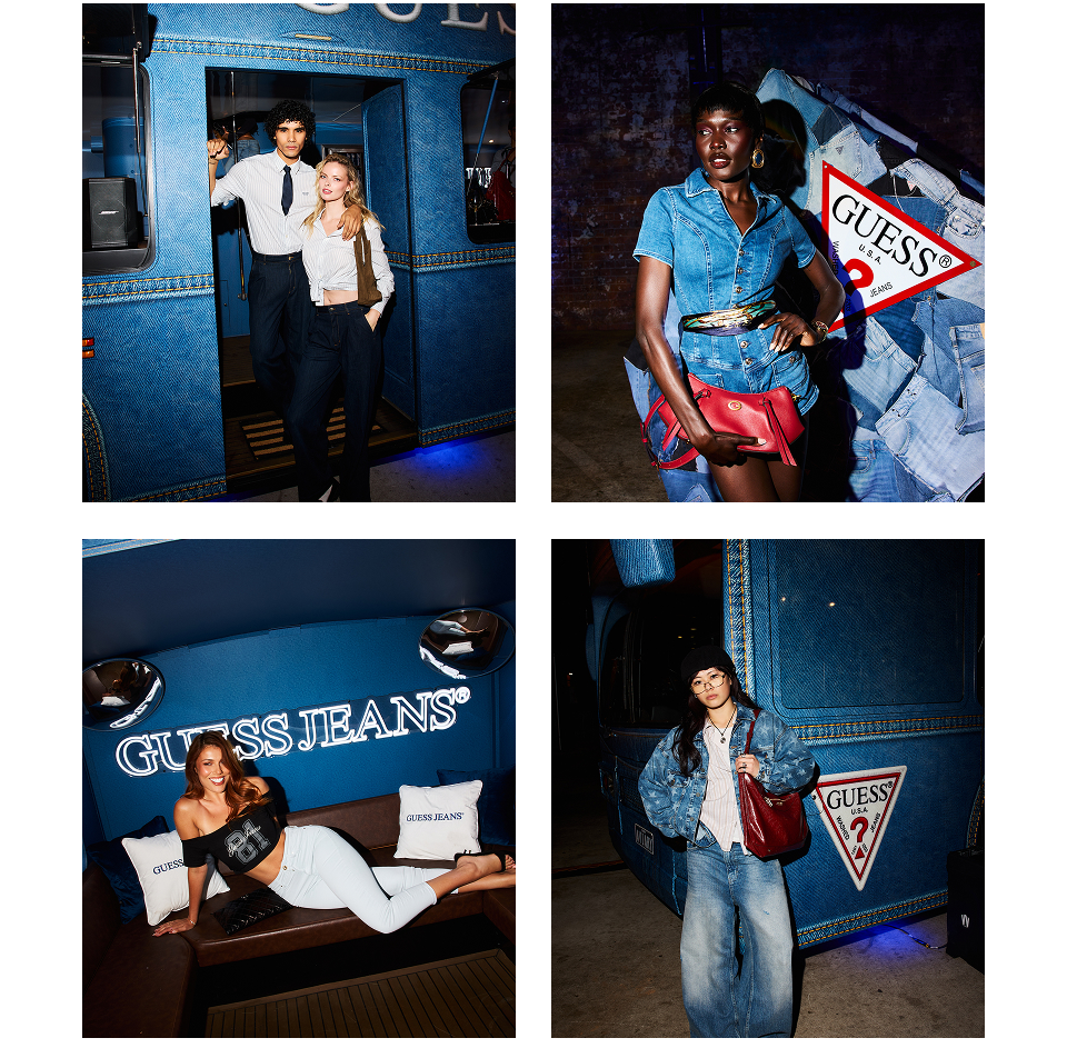 Four images featuring models in casual outfits near a Guess Jeans backdrop.