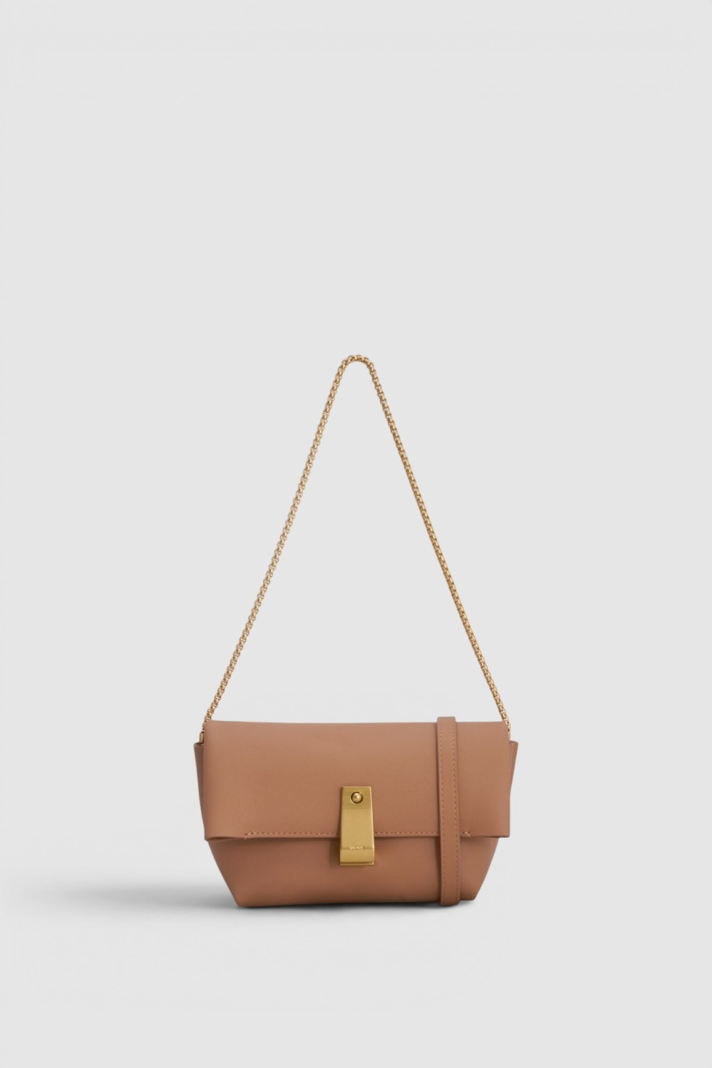 Brown leather handbag with a gold clasp and a shoulder strap.