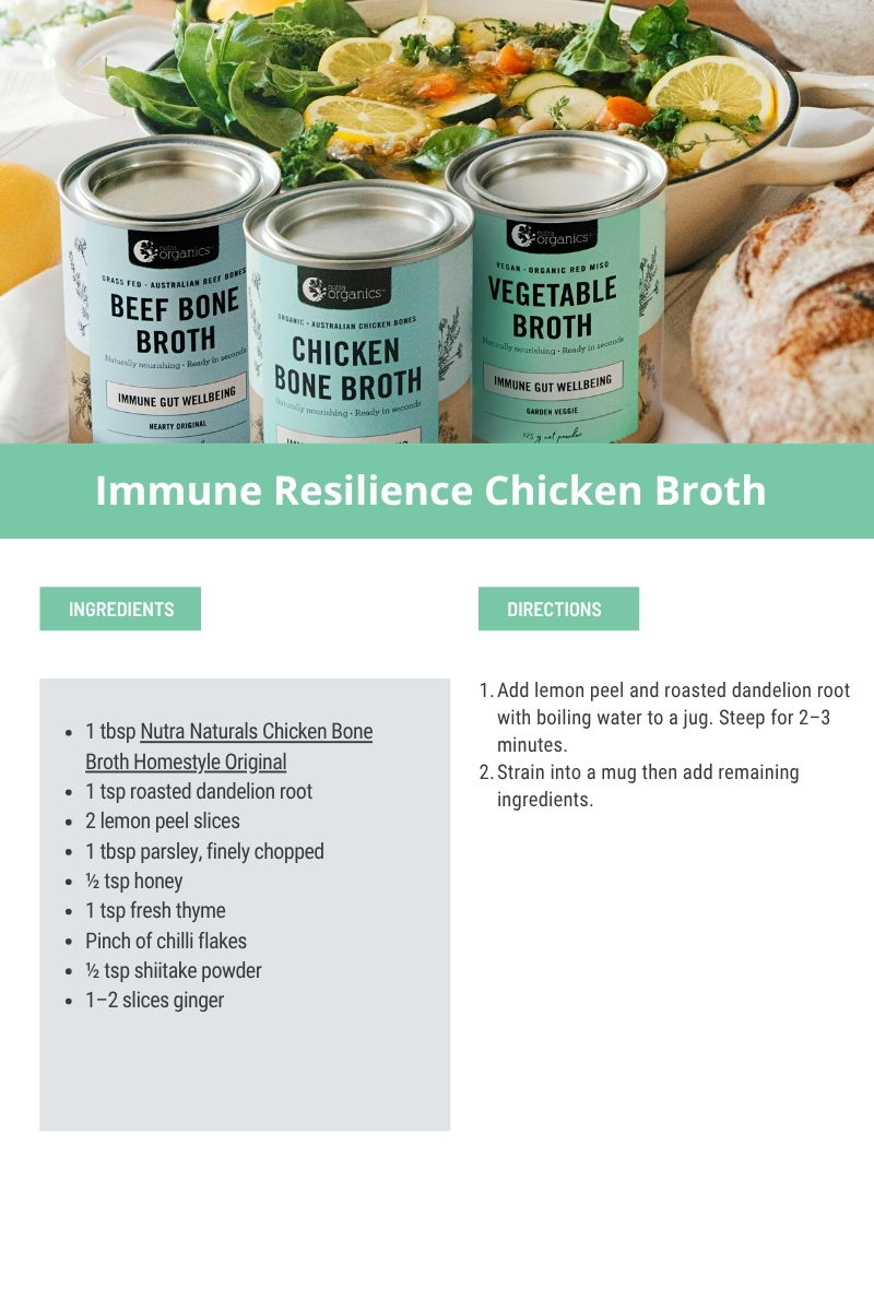 Recipe for Immune Resilience Chicken Broth with ingredients and directions.