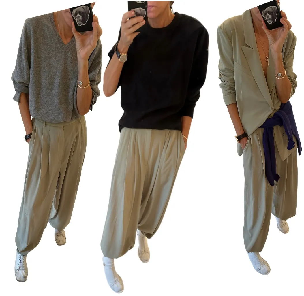 Three outfits featuring loose pants and various tops.