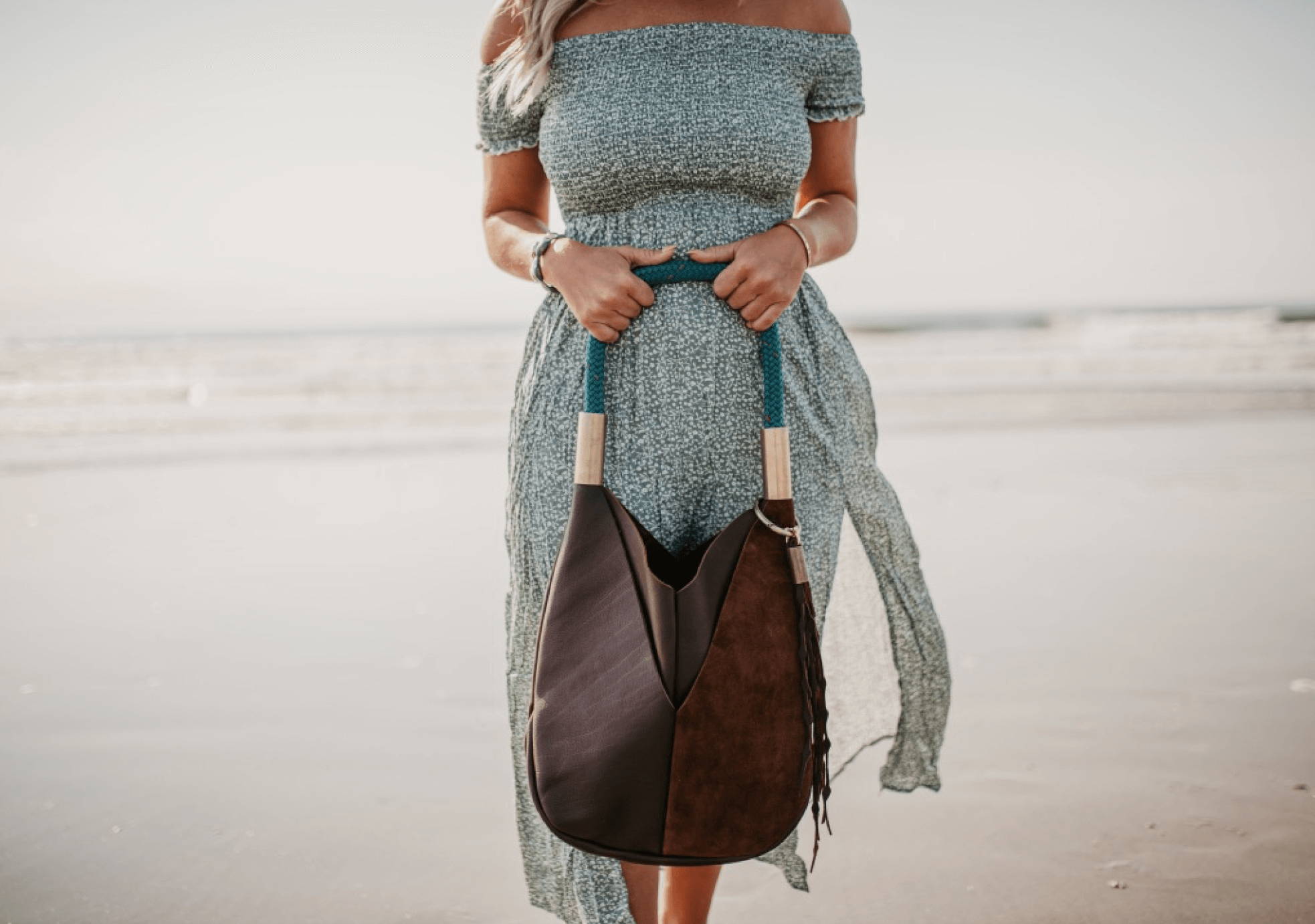 Wildwood Oyster Co. Brown Leather Tote with Teal Dock Line and a Seaweed Tassel