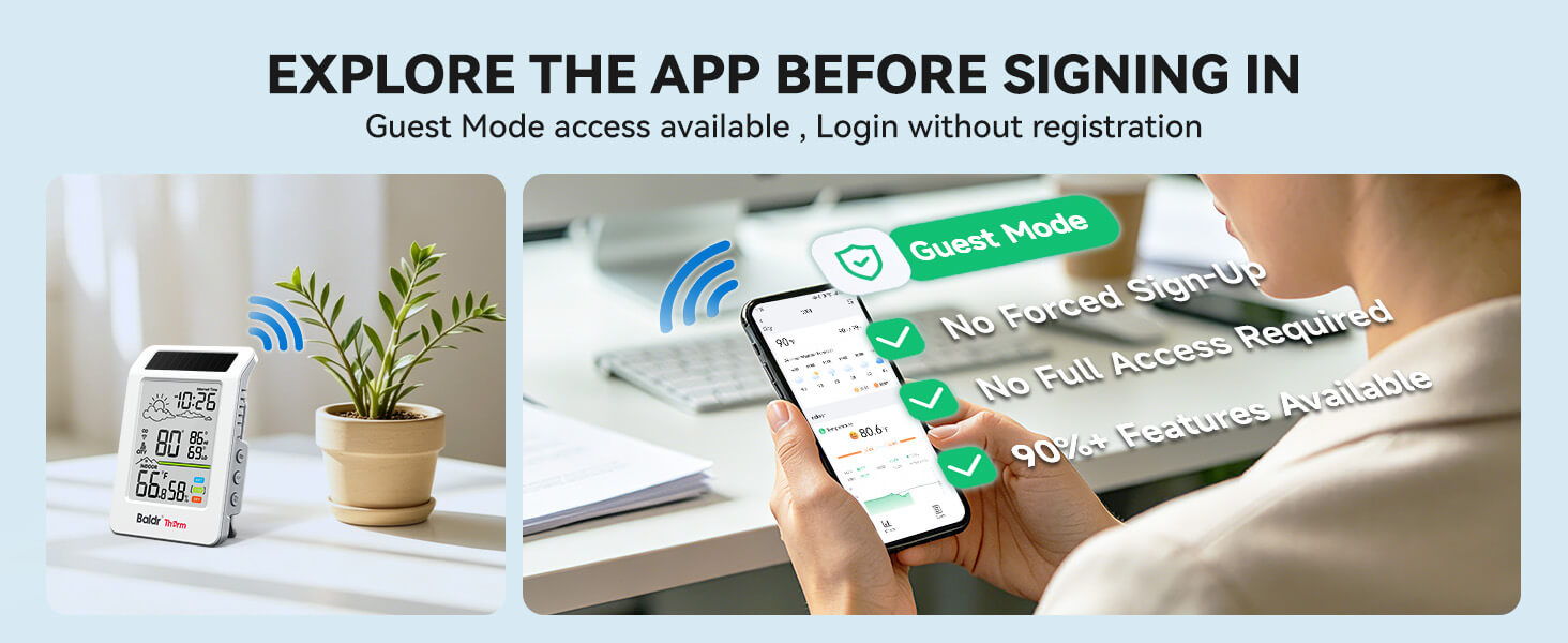 Image promoting app exploration before signing in, featuring a device and smartphone.
