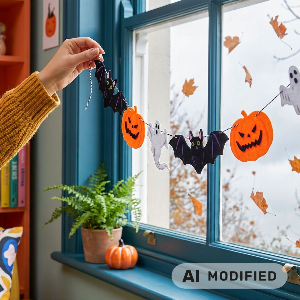 Personne accrochant des décorations d'Halloween à une fenêtre avec des citrouilles et des fantômes.
