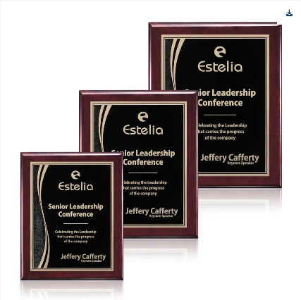 Three awards or plaques with black backgrounds and gold text.