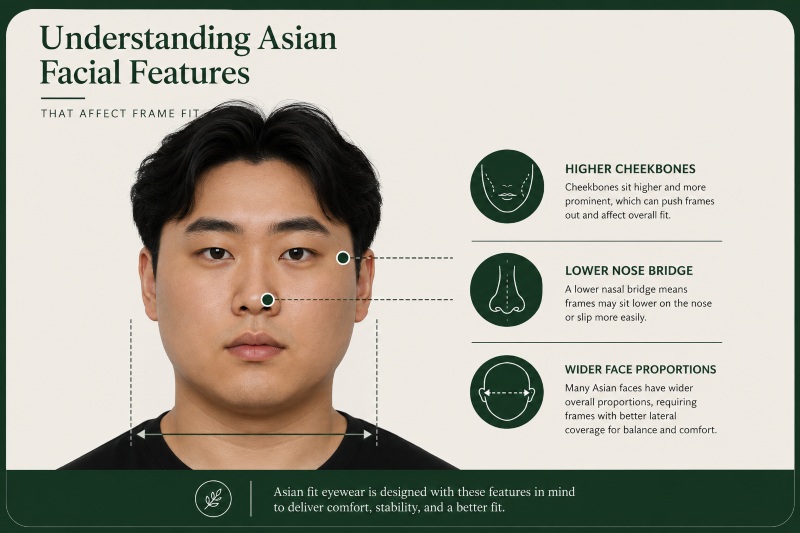 infographic explaining asian facial features important for glasses fit