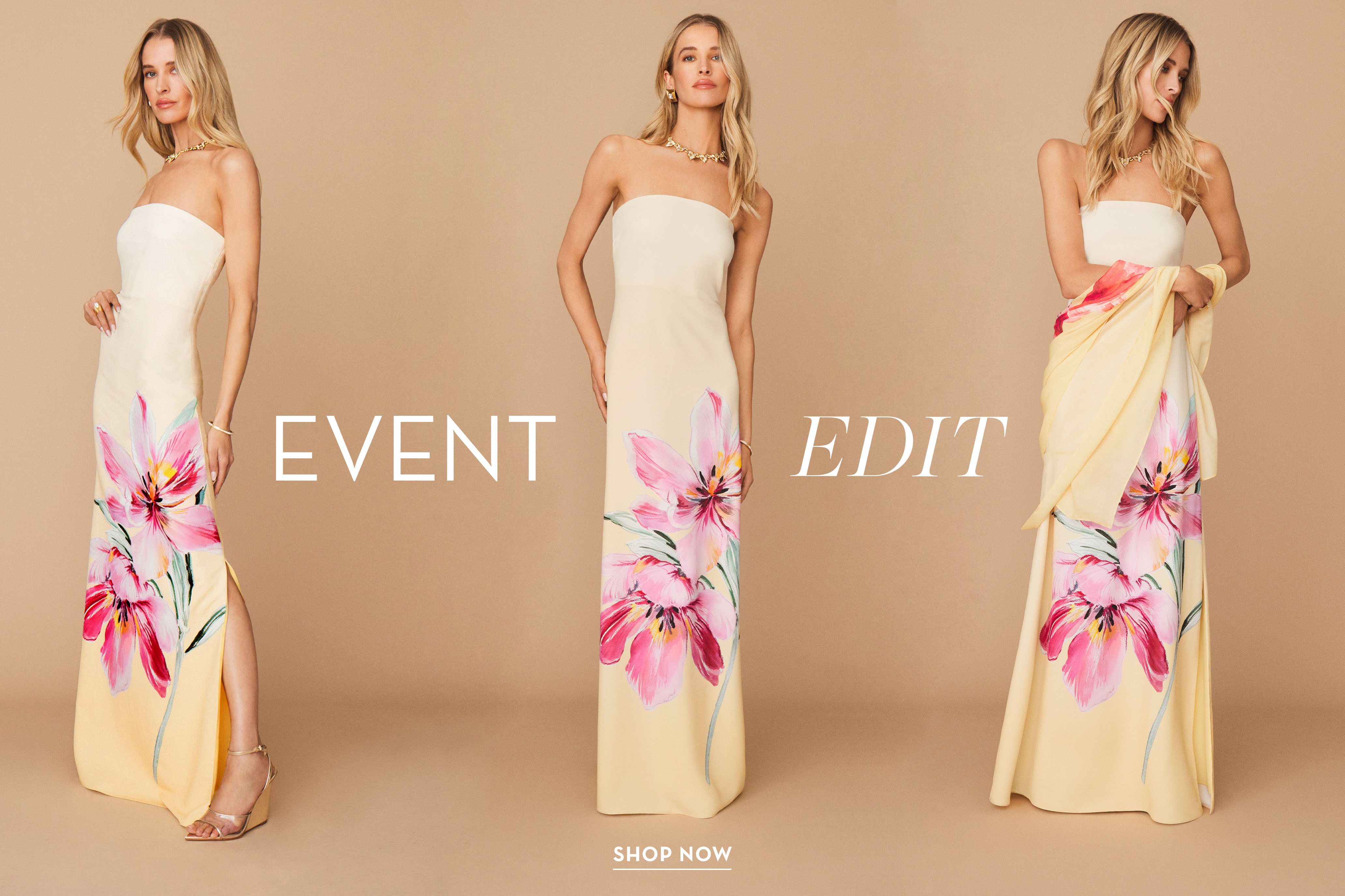 Model in floral dress against a beige background, labeled 
