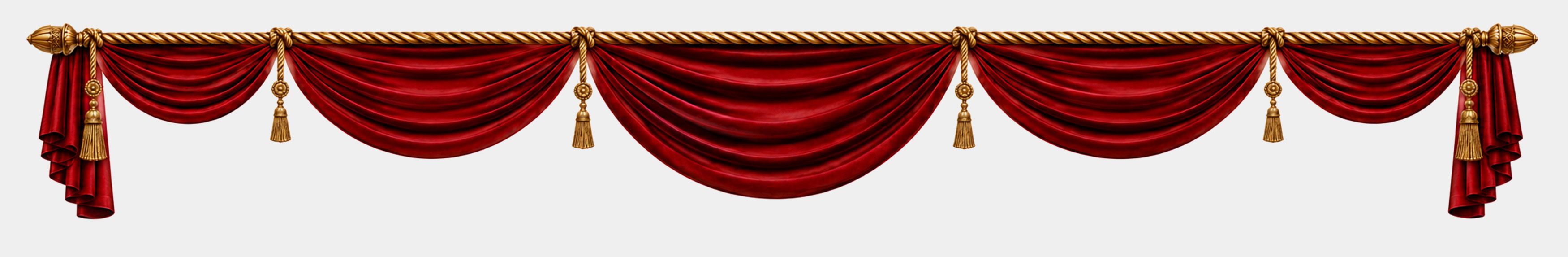 Red velvet curtain drapery with gold tassels.