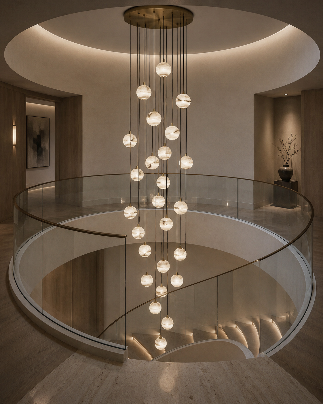 Cascading alabaster pendant cluster dropping through a circular stair void above a curved glass balustrade