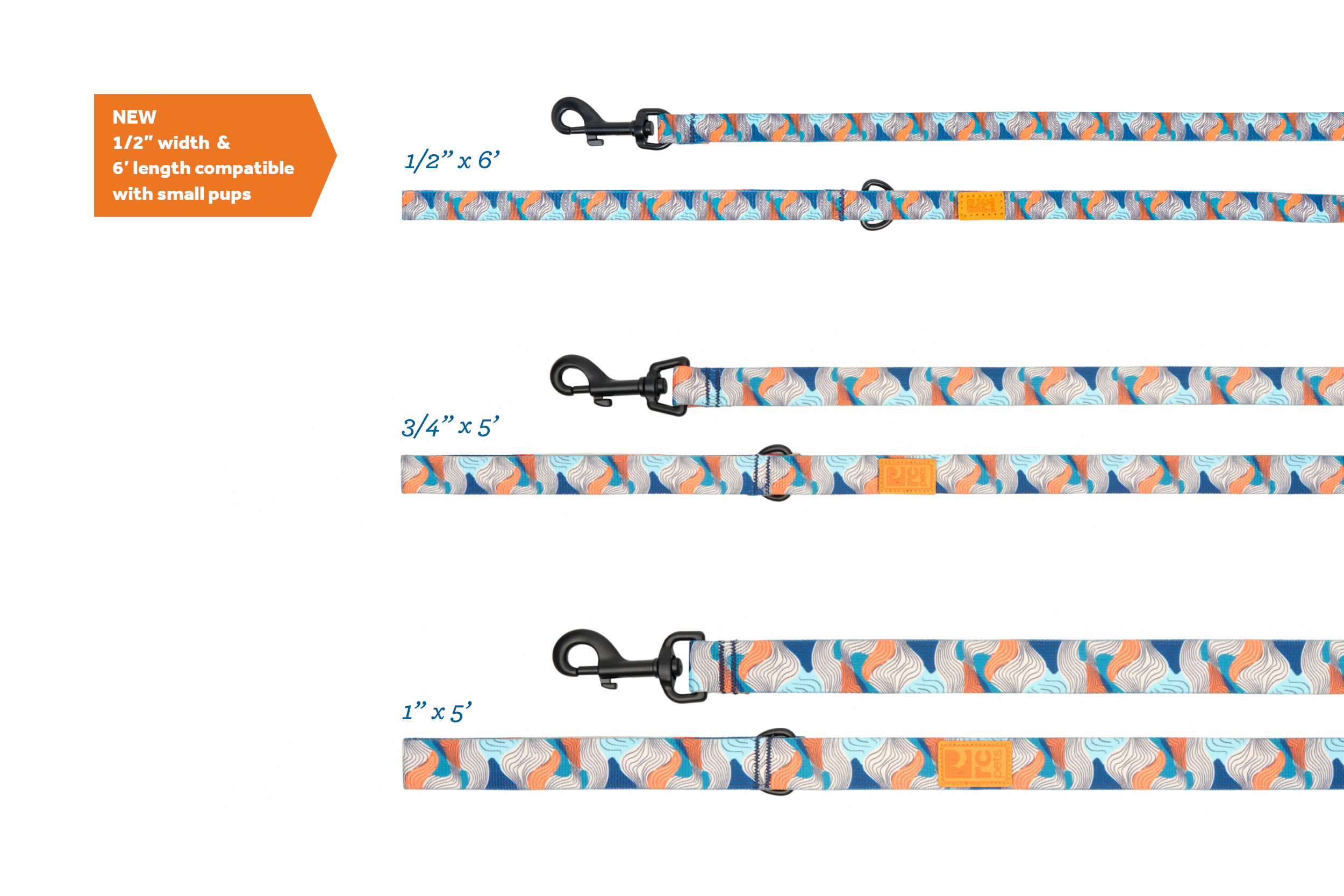 Colorful dog leashes with various designs and clips displayed on a white background.