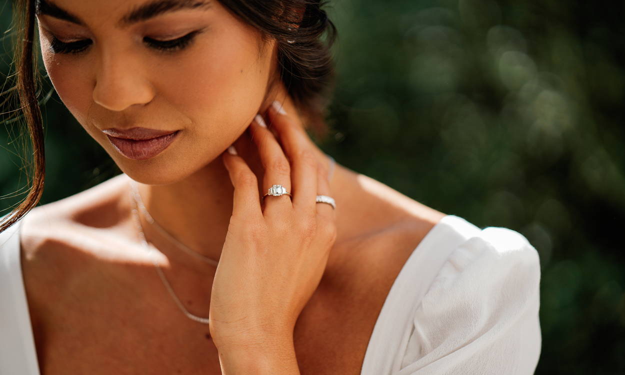 Model wearing VOW by Ring Concierge engagement ring