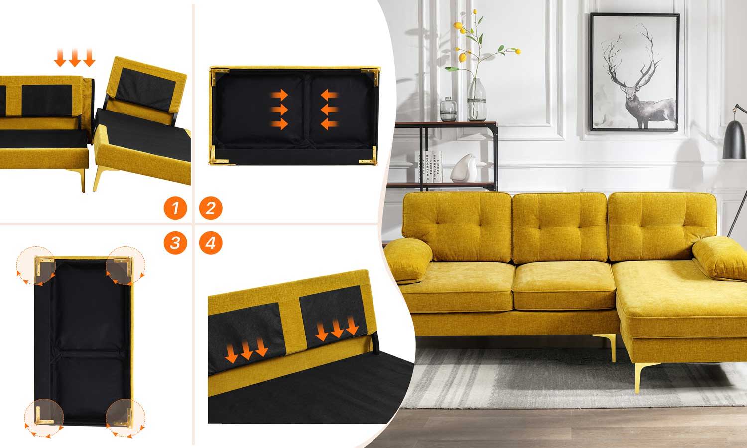 Asjmreye Sectional Sofa Couch, L Shaped Sofa, Modern Chenille fabric, Golden (13)