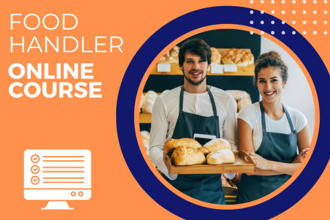 Two smiling individuals holding bread, promoting a food handler online course.