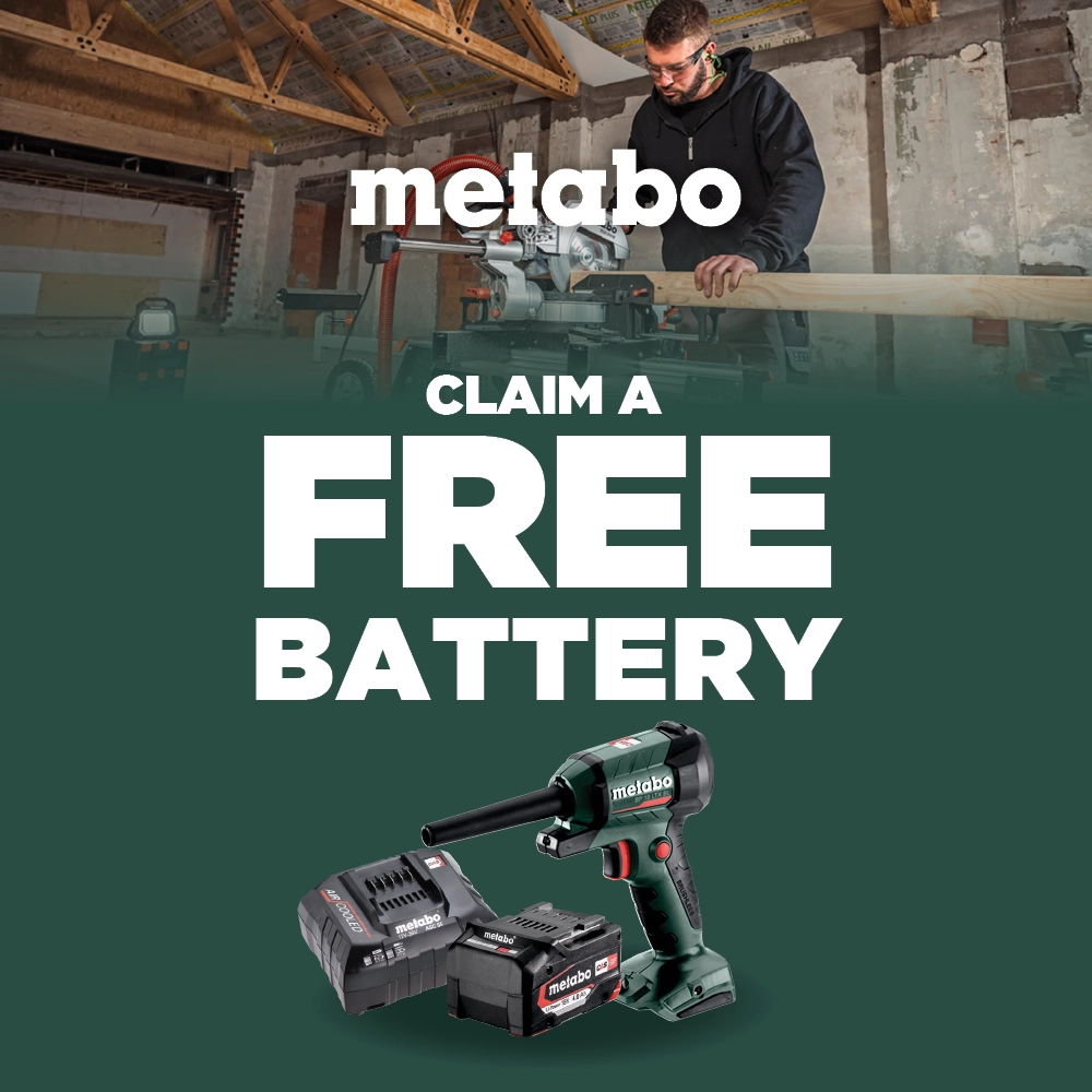 Metabo promotion for a free battery with tool purchase.