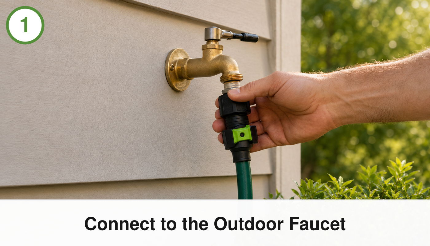 Connect to the outdoor faucet using a hose attachment.