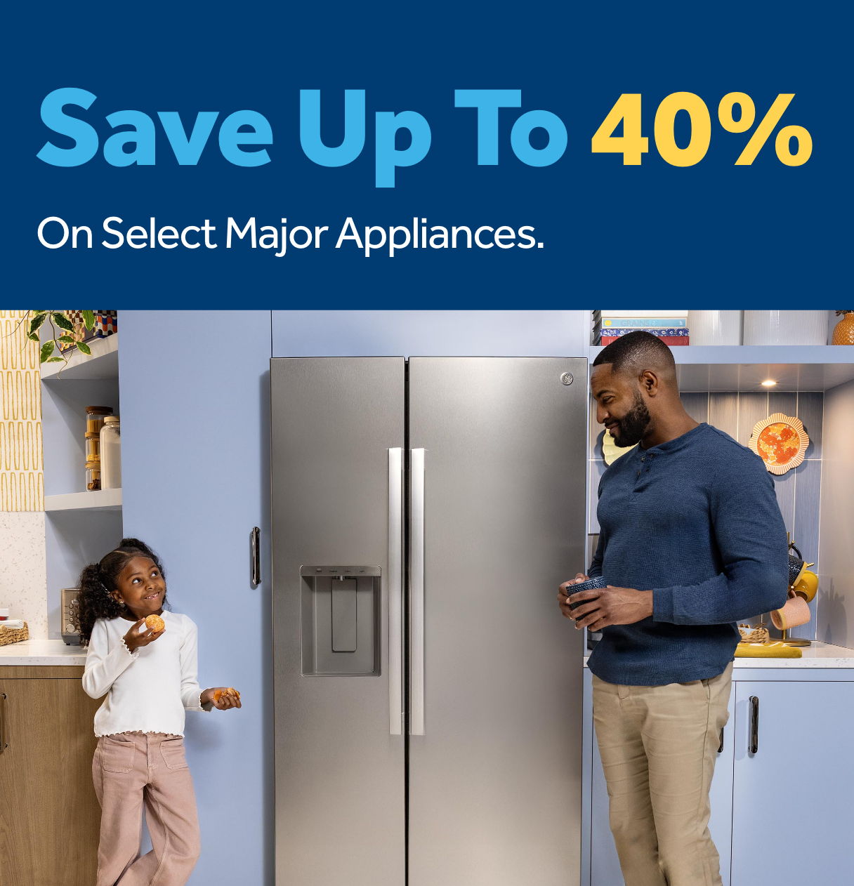 Family interacting near a refrigerator with a promotional message about savings.