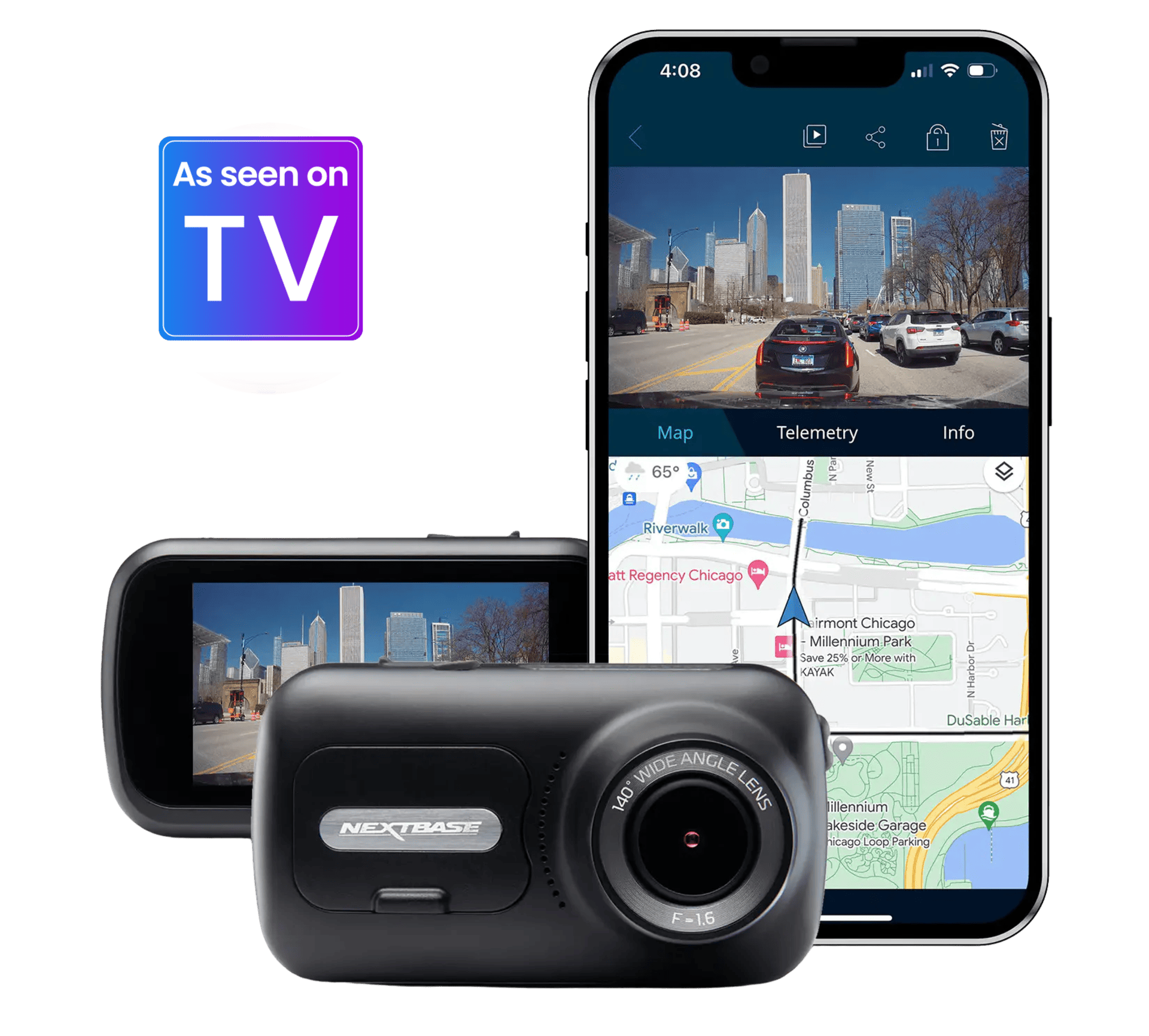 Camera and smartphone displaying navigation features, labeled 