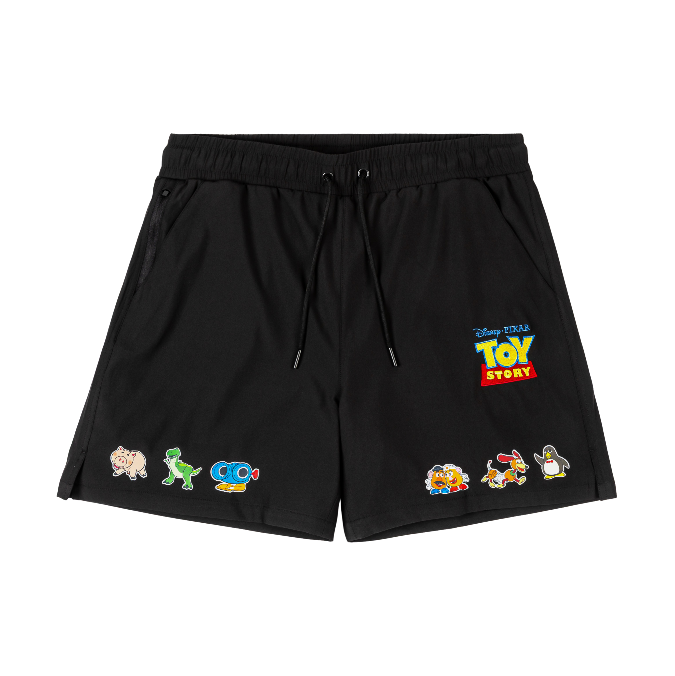 Black shorts with Toy Story character designs and logo.