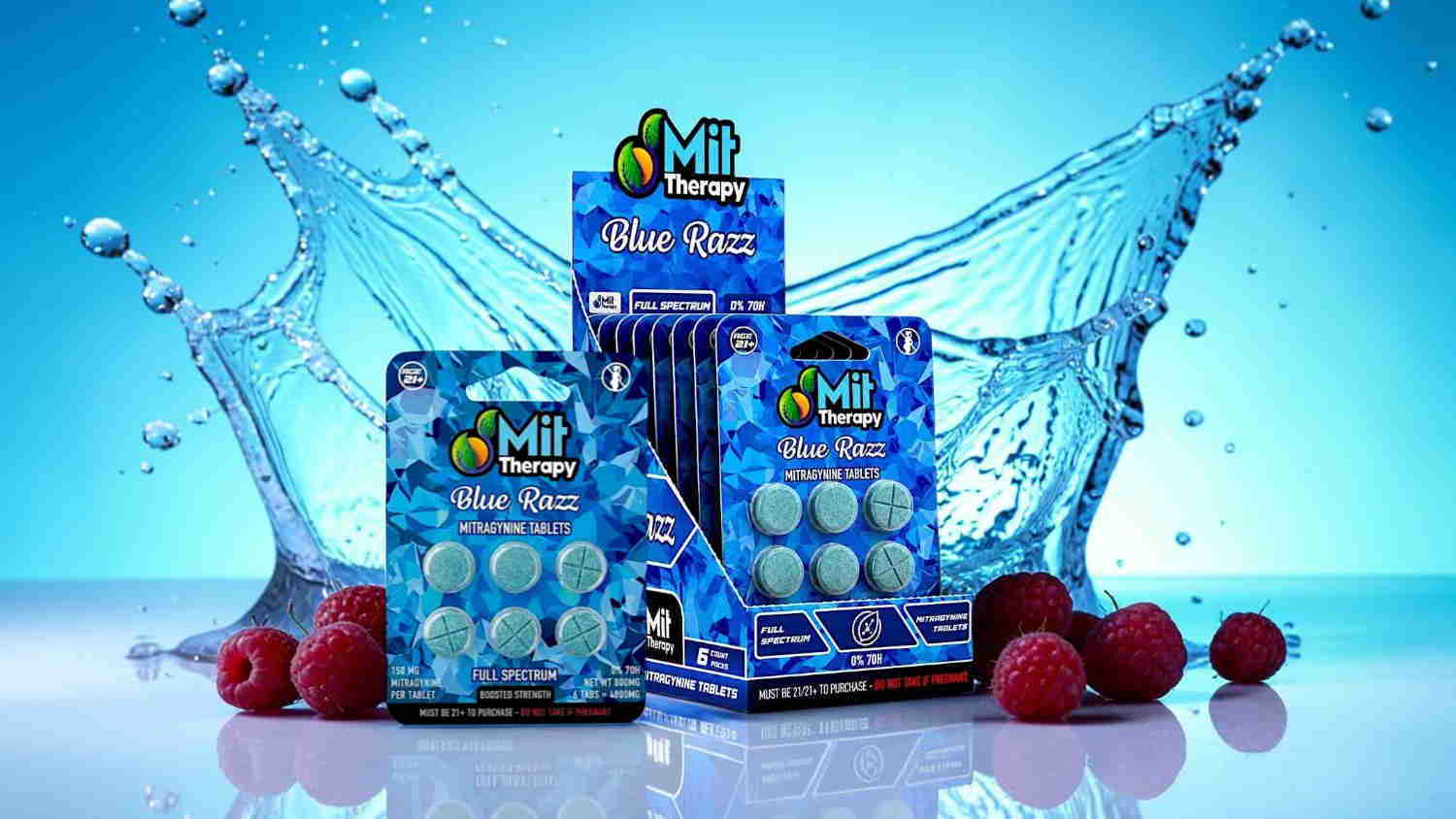 Colorful packaging of mint products with raspberries and water splash background.