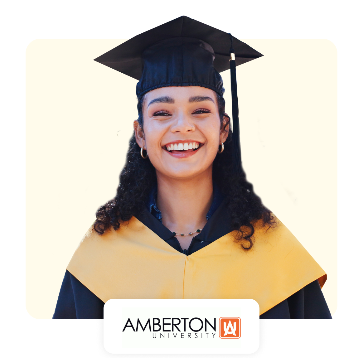 Smiling graduate in cap and gown with Amberton University logo.